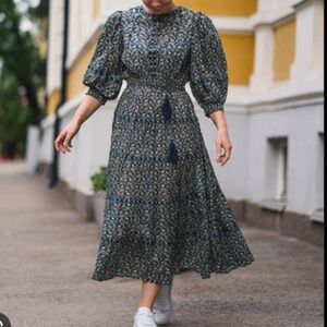 By Timo Blue Elephant Midi Dress Blue Green Size Large Cotton Boho Cottagecore